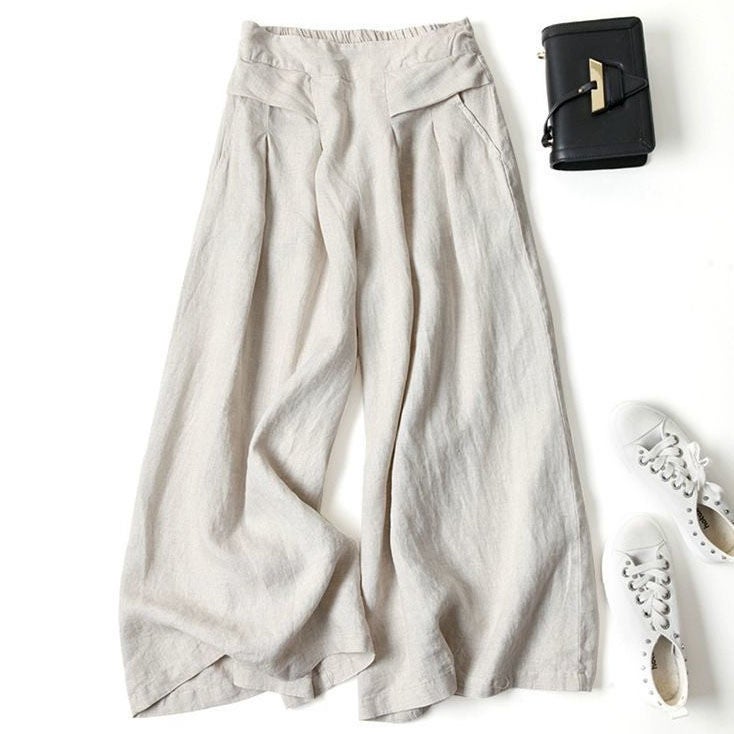 Loose Cotton And Linen Culottes For Women Summer 2025 Thin High-Waisted Artistic Versatile Nine-Point Wide-Leg Pants - Image 4